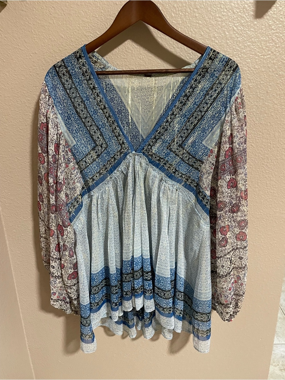 Free People Blue & Cream Mixed Print V-Neck Tunic